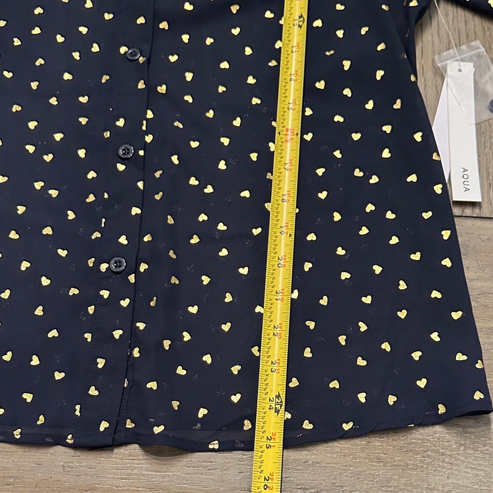Aqua Navy Button Down Sheet Long-sleeve Shirt with Gold Foil Heart Print - Picture 10 of 11